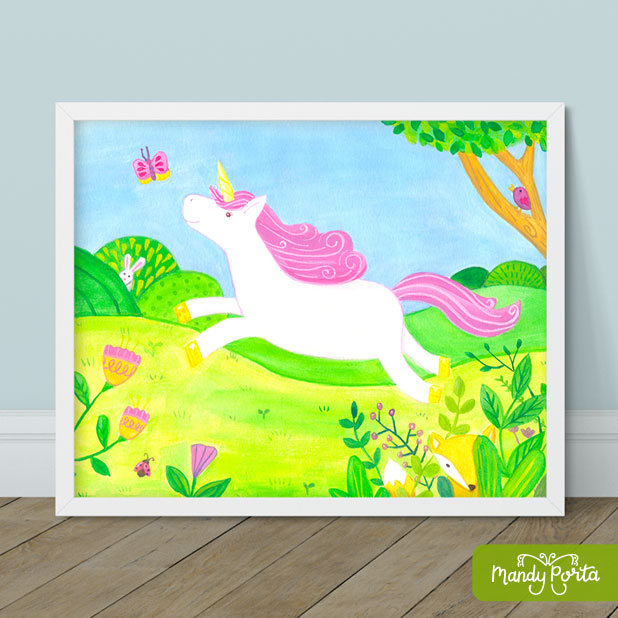 Unicorn Chasing Butterfly Gouache Painting